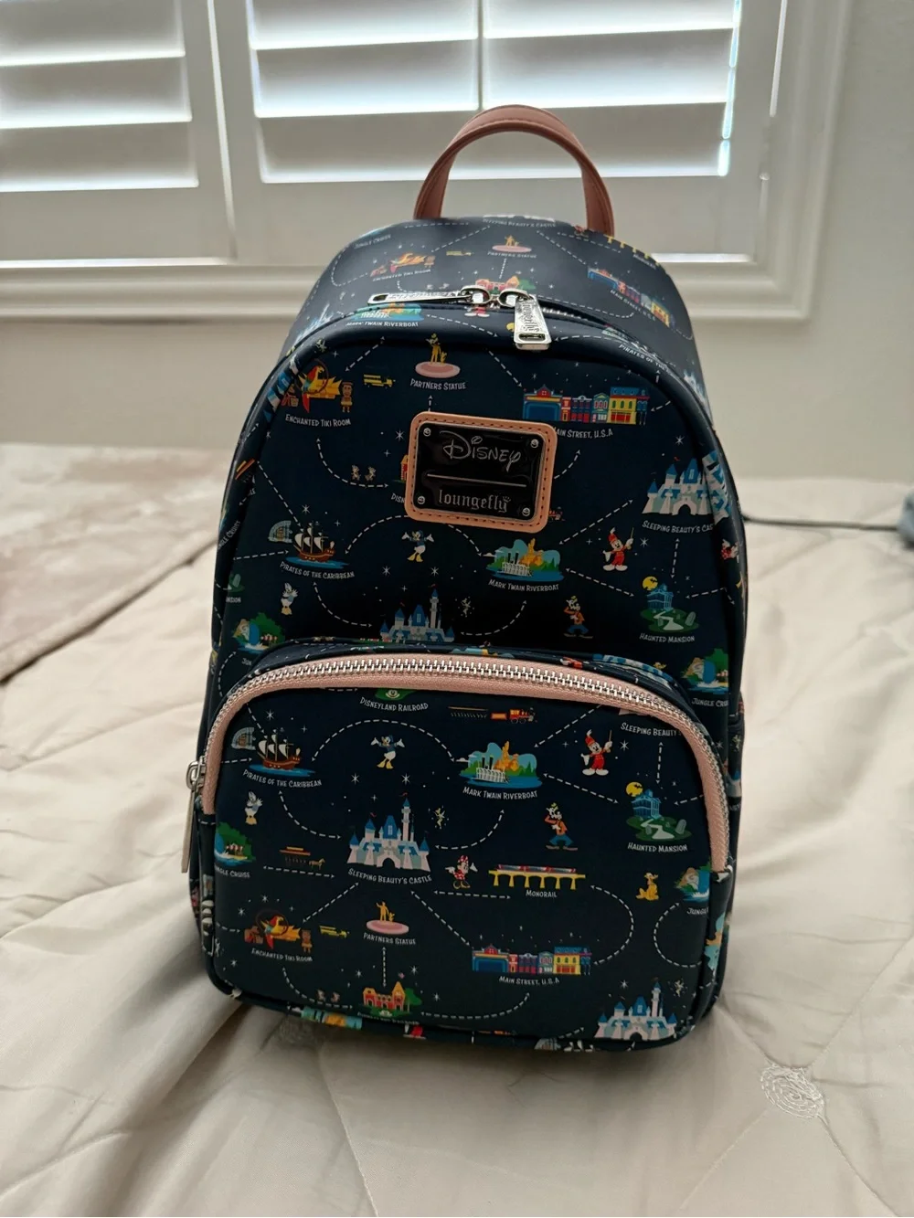 Loungefly Navy Disney 65th Anniversary Parks Map Mini Backpack with Pink Trim